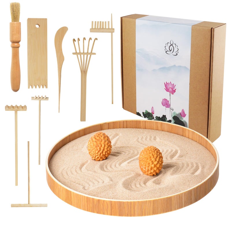 Dorhui Japanese Zen Garden for Desk, Dorhui Sand Tray Therapy Kit Meditation Gifts - 12”Large Round Bamboo Tray, 7Pcs Mini Zen Garden Rake Kit, Stamp Spheres for Home, Office, and Classroom - Image 1